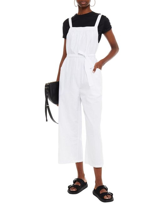 American Vintage White Cropped Belted Cotton Jumpsuit