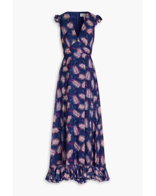 Saloni Blue Emma Ruffled Printed Cotton And Silk-blend Maxi Dress