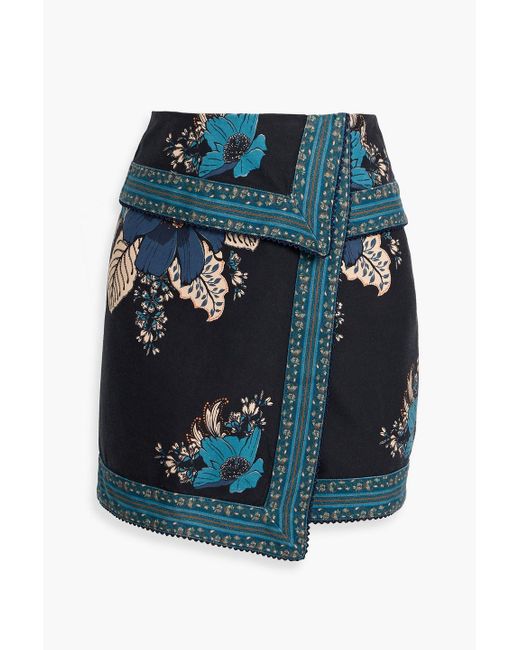 Farm Rio Blue Wrap-Effect Floral-Print Cotton-Twill Mini Skirt