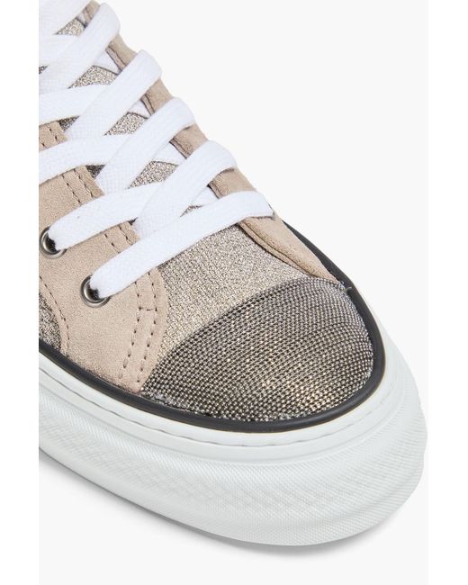 Brunello Cucinelli White Bead-embellished Metallic Textured-knit High-top Sneakers