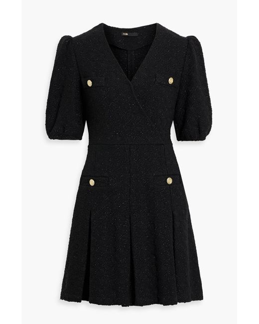 Maje Black Wrap-effect Metallic Tweed Mini Dress