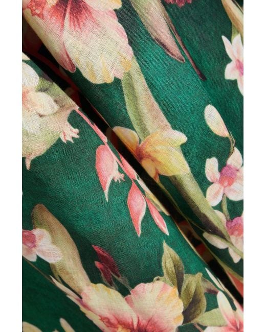 Zimmermann Green Trägerloses midikleid aus leinen mit floralem print und raffung