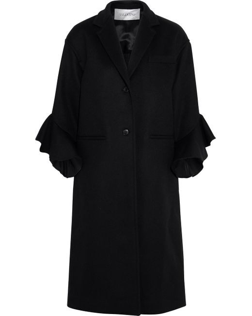 Valentino Garavani Black Ruffled Wool And Cashmere-blend Felt Coat