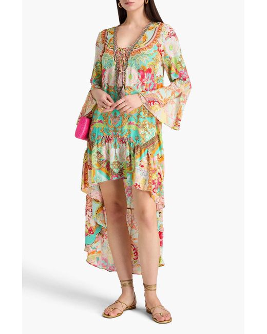Camilla White Asymmetric Crystal-Embellished Printed Silk Crepe De Chine Maxi Dress