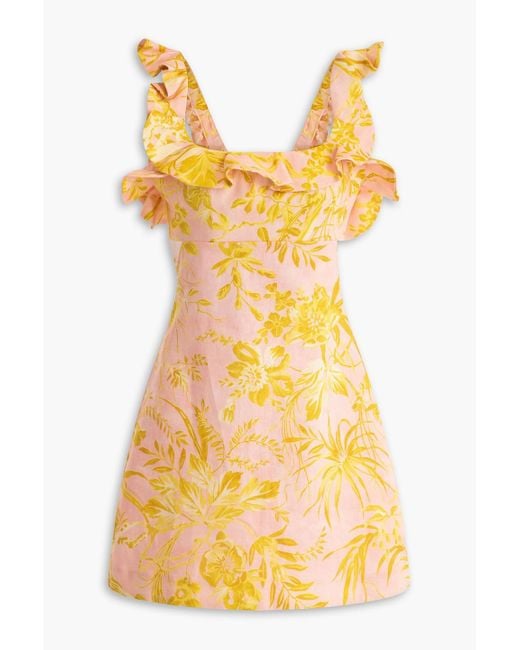 Zimmermann Yellow Ruffled Floral-Print Linen Mini Dress