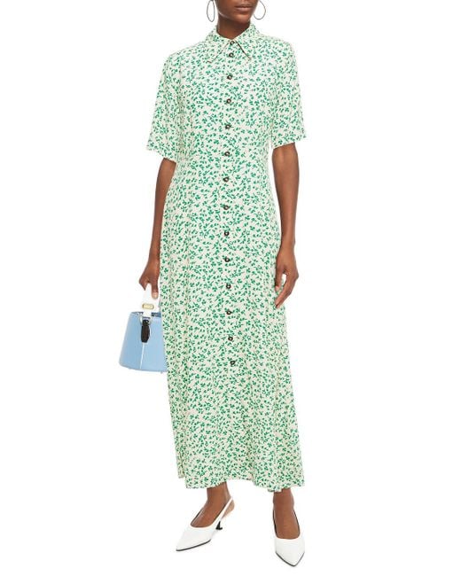 Ganni Printed Crepe Maxi Shirt Dress in Green Lyst
