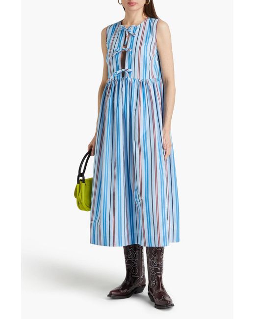 Ganni Blue Strapless Bow-detailed Striped Cotton-poplin Midi Dress