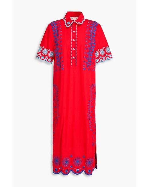 Saloni Red Dree B Broderie Anglaise Cotton Midi Shirt Dress