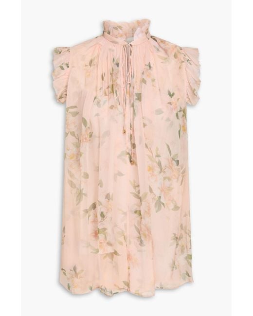 Zimmermann Pink Ruffled Floral-Print Crepon Top