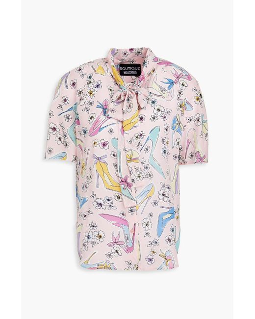 Boutique Moschino White Pussy-bow Printed Silk Crepe De Chine Blouse