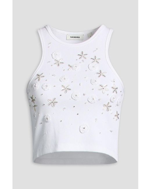 Sandro White Cropped Embellished Ribbed Cotton-Blend Jersey Tank