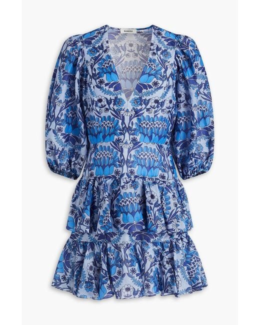 Sandro Blue Tiered Printed Linen-blend Gauze Mini Dress
