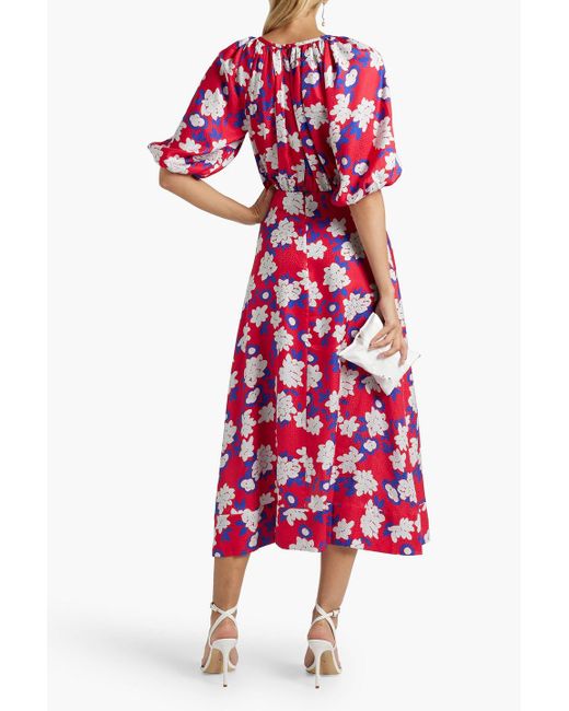 Saloni Red Olivia Wrap-effect Floral-print Silk-jacquard Midi Dress