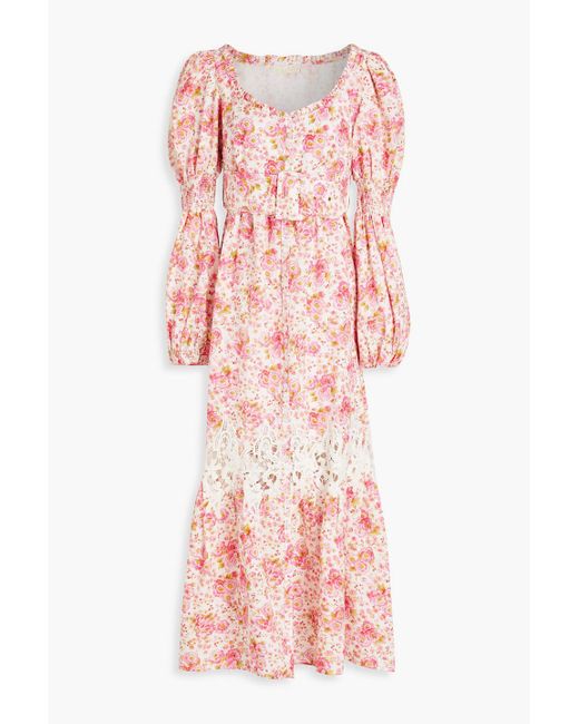 byTiMo Pink Guipure Lace-trimmed Floral-print Linen And Cotton-blend Midi Dress
