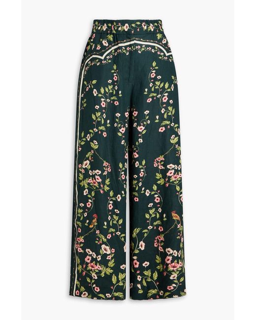 Agua Bendita Green Floral-print Linen Wide-leg Pants