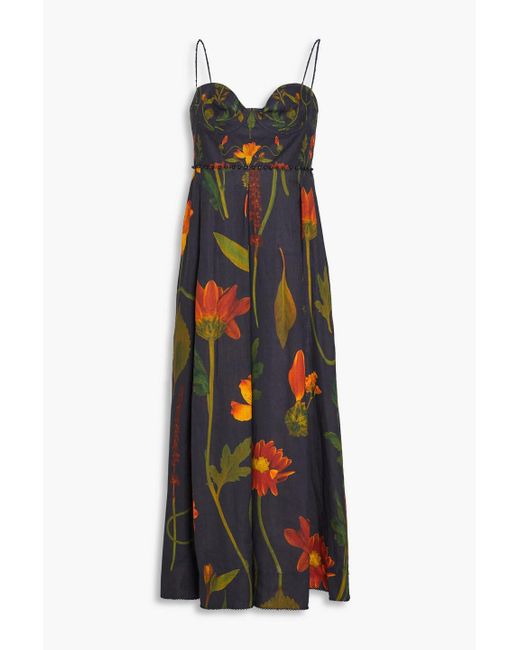 Agua Bendita Blue Mambo Embellished Floral-print Linen Midi Dress