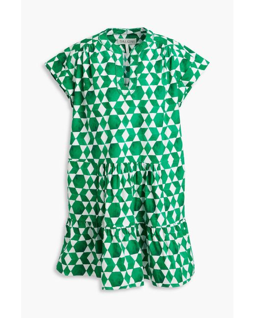 Saloni Green Ashley B Gathered Printed Cotton-poplin Mini Dress