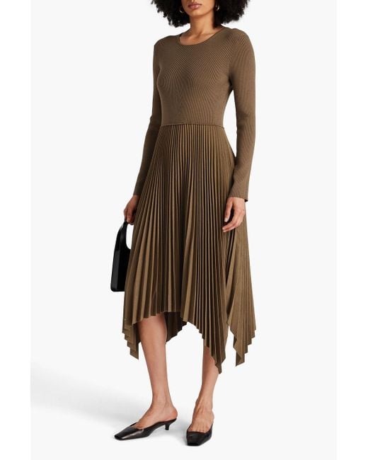 Joseph Brown Pleated Ribbed Wool-blend And Flannel Midi Dress