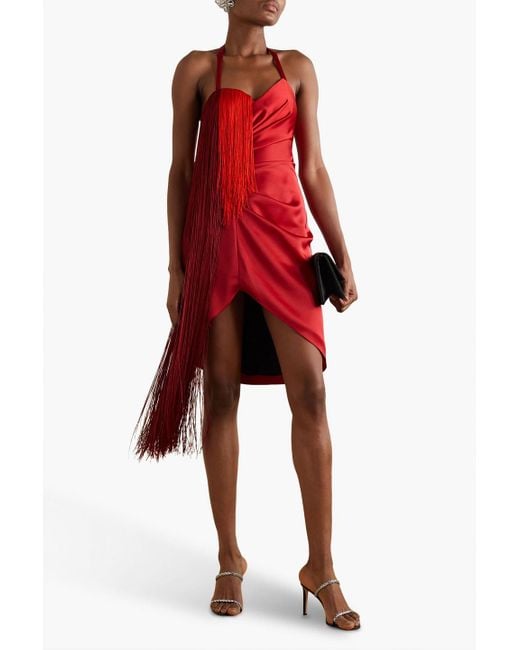 Halpern Red Draped Fringed Duchesse-satin Halterneck Mini Dress