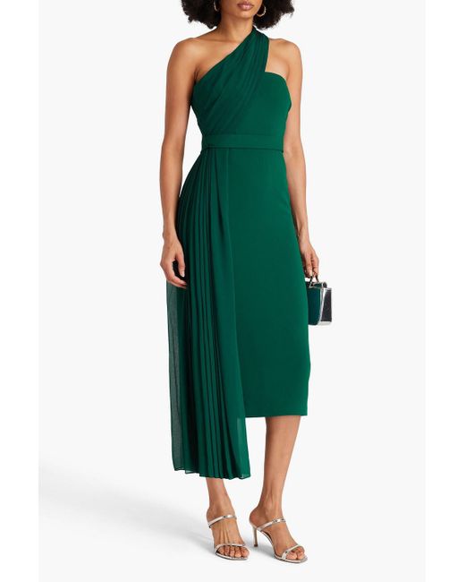 Badgley Mischka Green One-shoulder Draped Georgette And Stretch-crepe Midi Dress