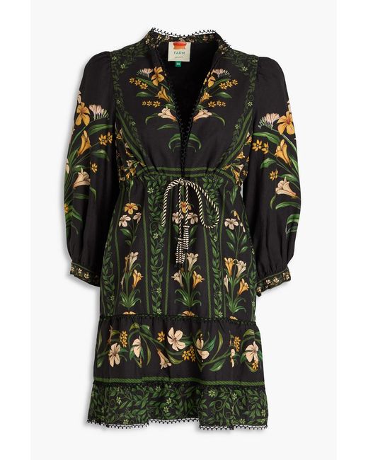 Farm Rio Black Floral-Print Linen-Blend Mini Dress