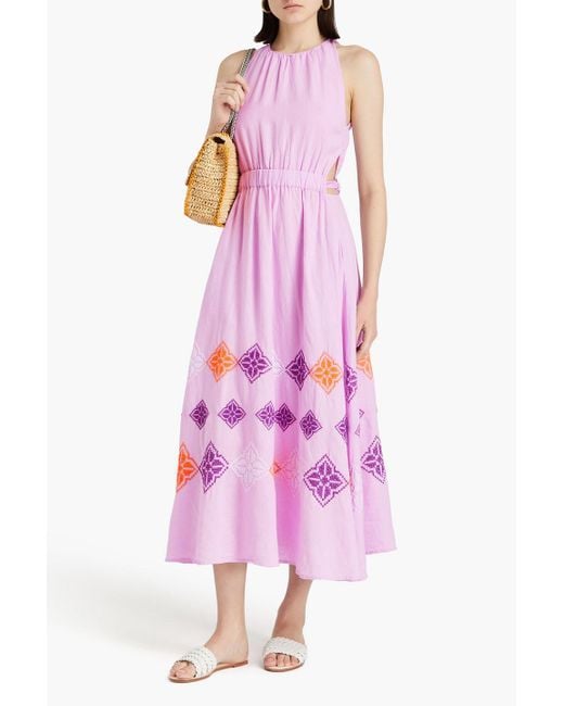 Sandro Pink Embroidered Linen-gauze Midi Dress