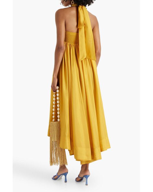 Zimmermann Yellow Asymmetric Gathered Silk-voile Halterneck Midi Dress