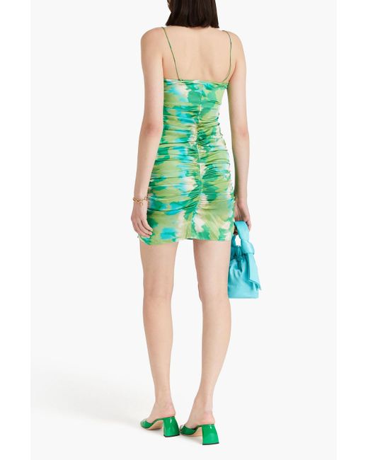 Ganni Green Button-embellished Ruched Printed Silk-blend Stain Mini Dress