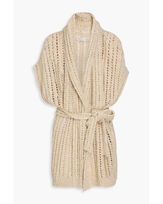 Brunello Cucinelli Natural Sequin-Embellished Open-Knit Cardigan