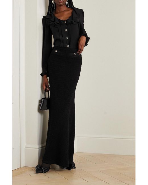 Alessandra Rich Black Button-embellished Wool-blend Bouclé Maxi Skirt