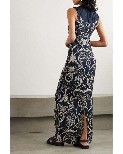 Agua Bendita Blue Espinela maxikleid aus bedrucktem twill mit recycelten fasern, verzierungen und falten
