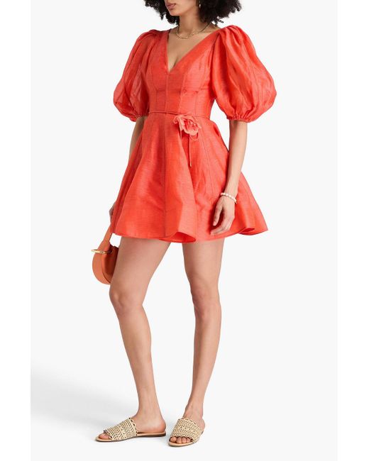 Zimmermann Red Minikleid aus einer leinen-seidenmischung mit floralen applikationen