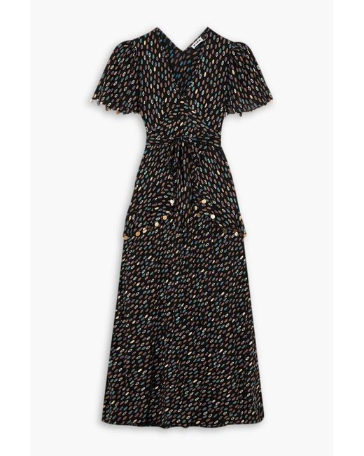 Rixo Black Jane Belted Printed Silk-chiffon Maxi Dress