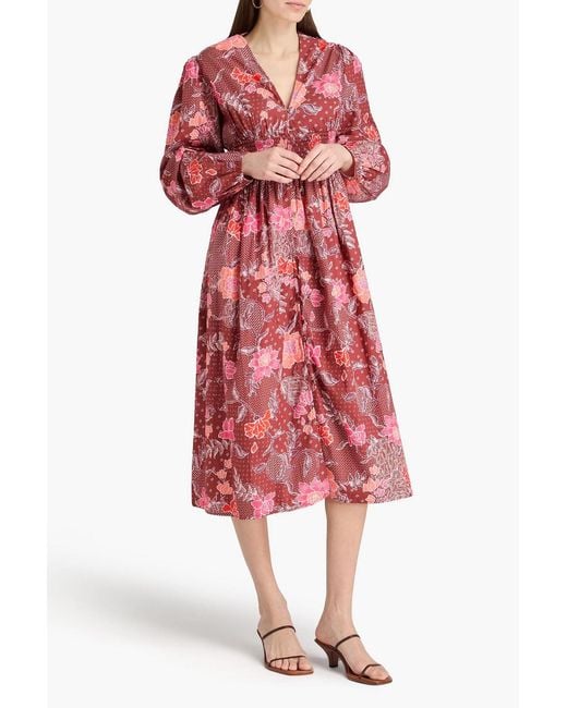 HANNAH Red Thea Floral-print Cotton-poplin Midi Dress