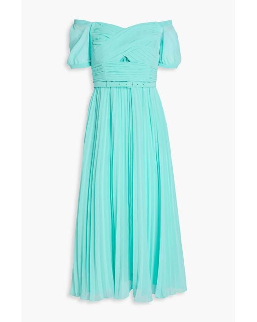 Self-Portrait Blue Belted Pleated Chiffon Midi Dress