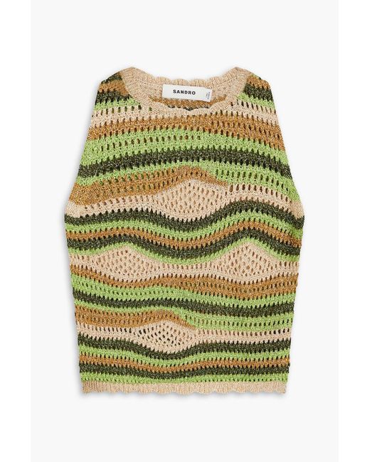 Sandro Green Cropped Metallic Pointelle-knit Top