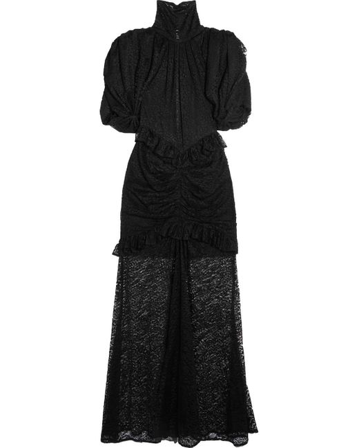 Alessandra Rich Black Ruffle-trimmed Ruched Lace Gown