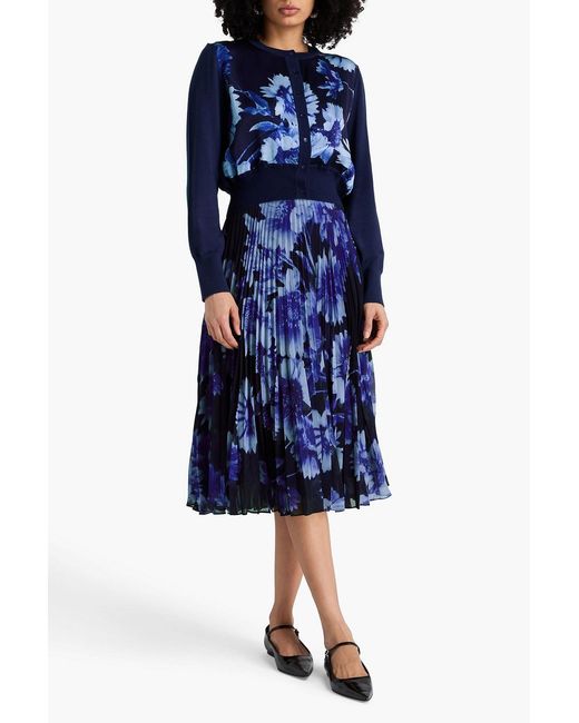 Erdem Blue Pleated Floral-Print Silk-Voile Midi Skirt