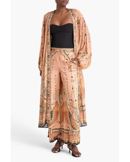 Camilla Natural Printed Embellished Silk-Satin Wide-Leg Pants