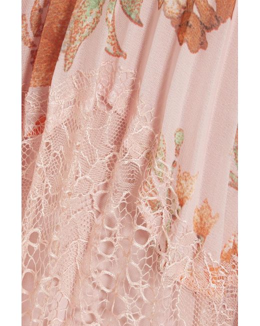 Mikael Aghal Pink Corded Lace-paneled Floral-print Crepe De Chine Midi Dress