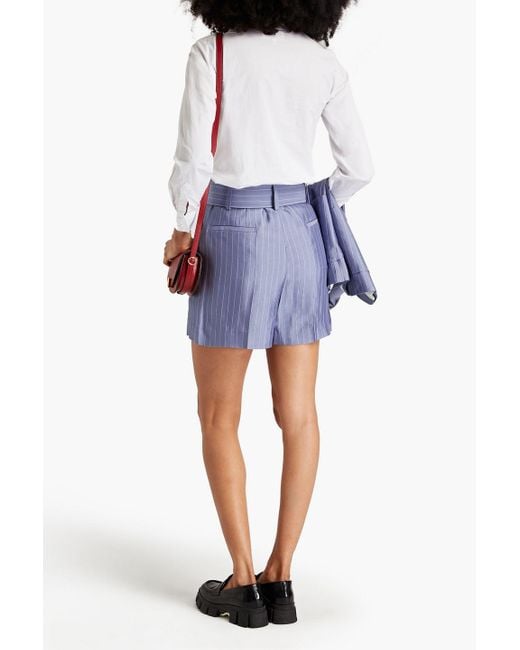 Sandro Blue Artis Belted Pleated Striped Twill Shorts