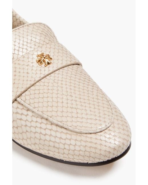 Tory Burch White Embellished Snake-Effect Leather Loafers