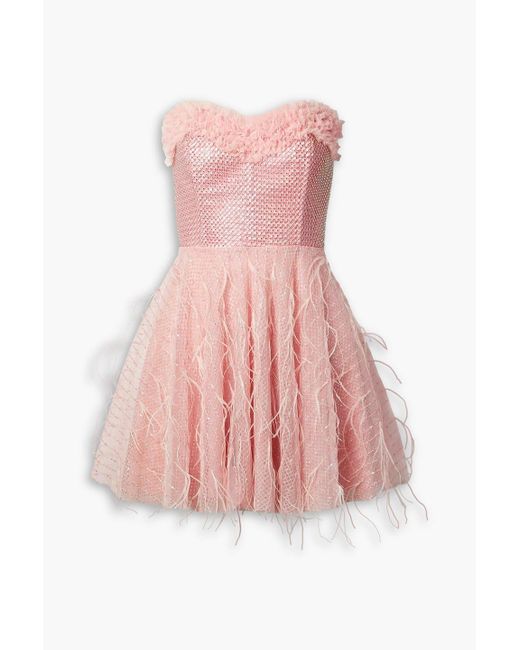 LoveShackFancy Pink Marvella trägerloses minikleid aus tüll mit federn