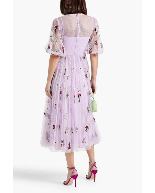 RED Valentino Purple Pleated Embroidered Point D'esprit Midi Dress