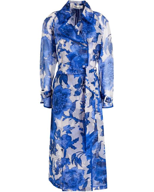 Diane von Furstenberg Blue Eda Floral-print Silk-organza Trench Coat