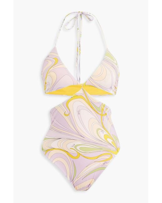 Emilio Pucci White Cutout Printed Halterneck Swimsuit