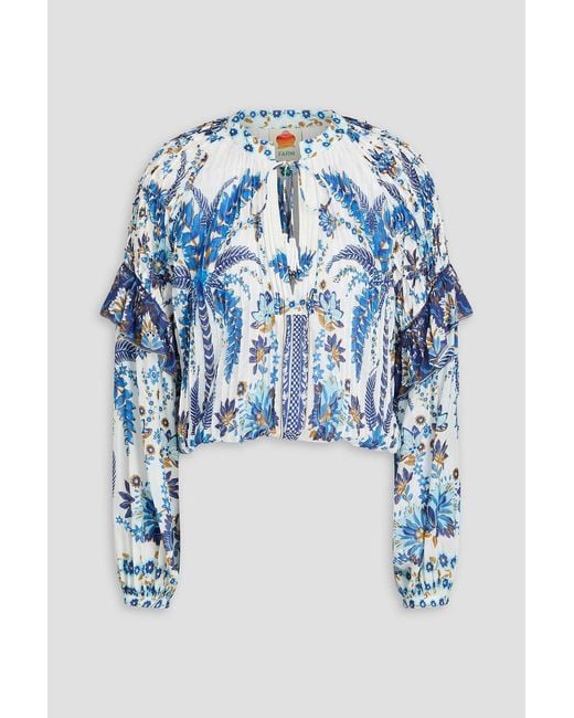 Farm Rio Blue Embellished Floral-print Cotton-blend Blouse