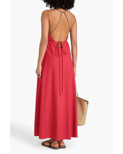 Brunello Cucinelli Red Bead-Embellished Cotton-Poplin Maxi Dress