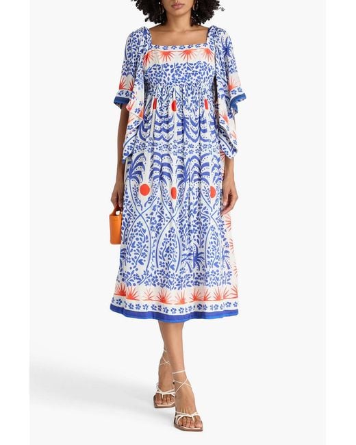 Farm Rio Blue Printed Crepe De Chine Midi Dress