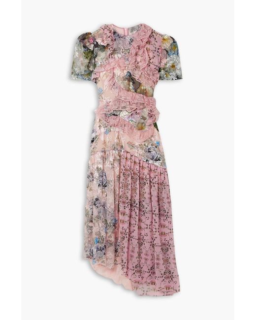 Preen By Thornton Bregazzi Pink Anzu Floral-print Devoré-satin And Georgette Midi Dress